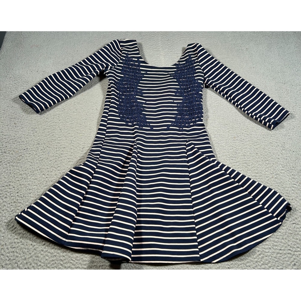 Free People Fit & Flare Dress Womens Small Blue White Striped Rayon Lace Detail